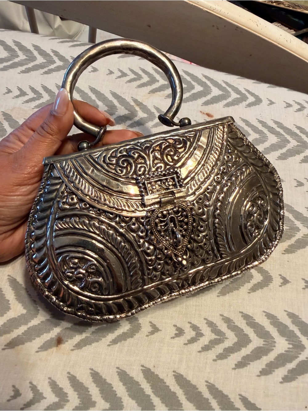 Vintage Oxidized Silver Ornate Metal Clutch with Top Handle
